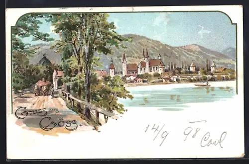 Lithographie Göss / Leoben, Ortspartie