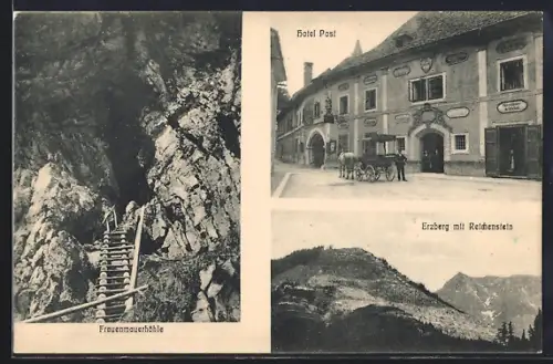 AK Eisenerz, Hotel Post, Frauenmauerhöhle, Erzberg mit Reichenstein