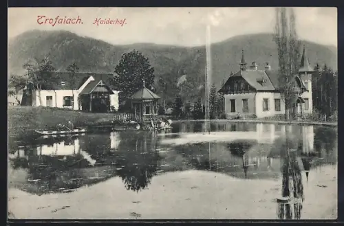 AK Trofaiach, Gasthaus Haiderhof und Pavillon am Ufer