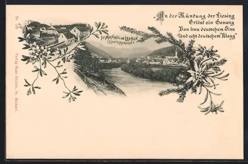 AK St. Michael ob Leoben, Ortsansicht mit Kirche und Fluss