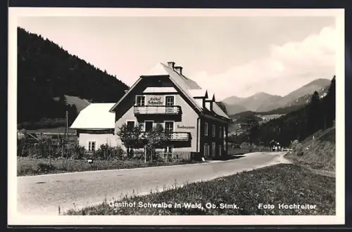 AK Wald / Obersteiermark, Gasthof Schwalbe mit Strasse und Umgebung