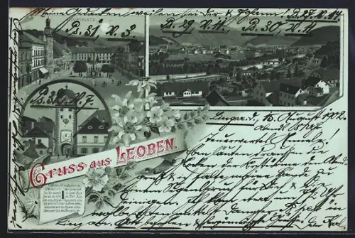 Mondschein-AK Leoben, Hauptplatz, Stadtturm, Ortsansicht mit Eisenbahnstrecke aus der Vogelschau
