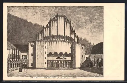 Künstler-AK Leoben, Platzansicht des Theaters