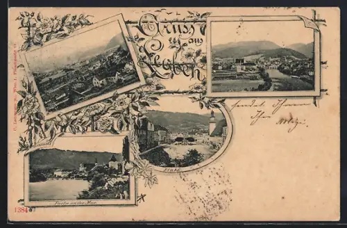 AK Leoben, Partie an der Mur, Hauptplatz, Ortspanoramen