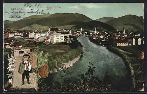 AK Leoben, Ortsansicht mit Fluss und Blick auf die Muggelschutzhütte, Kind in Tracht