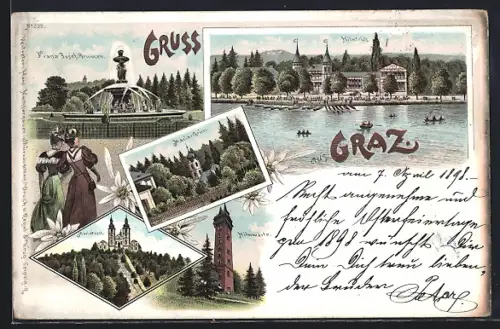 Lithographie Graz, Franz Josef Brunnen, Ortsansicht, Mariatrost