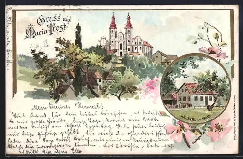 Lithographie Maria Trost, Häuserl im Wald, Strassenbahn und Schloss