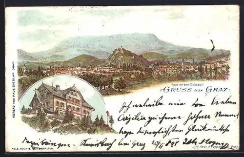 Lithographie Graz, Stadtansicht mit dem Schöckel