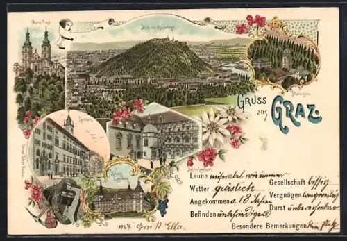 Lithographie Graz, Landhaus, Schloss Eggenberg, Hof im Landhaus, Maria grün