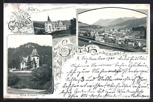 AK Spital am Semmering, Hotel Villa Zatzka, Schloss Sommerau, Ortsansicht mit Eisenbahnstrecke