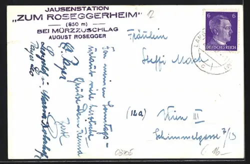 AK Mürzzuschlag, Gasthaus Zum Roseggerheim, Bes. August Rosegger
