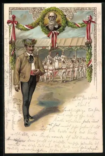 Lithographie Fest eines Turnvereins mit Porträt von Turnvater Jahn