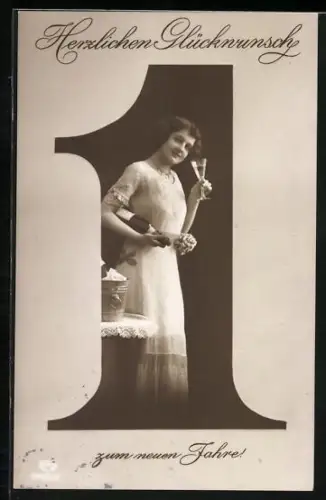 AK Dame mit Sektflasche und Glass in der Zahl 1, Neujahr