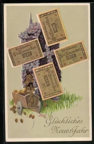 AK Mühle mit Blumen und Geldscheinen, Wagen mit Münzen, Neujahrsgruss