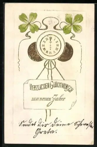 Lithographie Geld hinter einer Uhr mit Klee, Neujahr