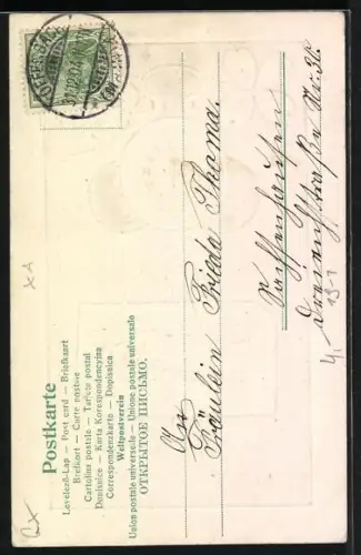 Lithographie Geld hinter einer Uhr mit Klee, Neujahr