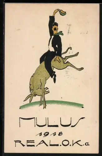 AK Bern, Absolvia Mulus Real O. K. a 1918, Schüler reitet auf einem Esel