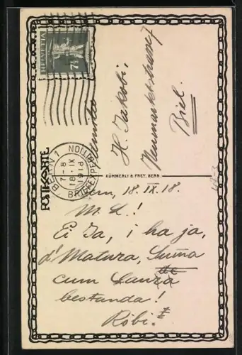 AK Bern, Absolvia Mulus Real O. K. a 1918, Schüler reitet auf einem Esel