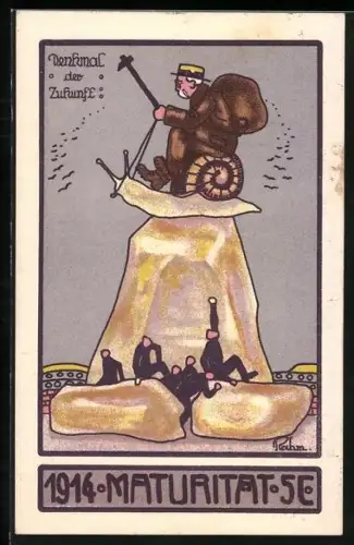 AK Schweiz, Maturität 1914, Denkmal der Zukunft, Mann auf einer Schnecke, Absolvia