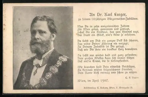 AK Bürgermeister Carl Lueger, Text zum 10. Bürgermeister Jubiläum, April 1907