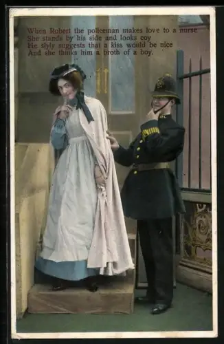 AK Krankenschwester und Polizist schauen sich verlegen an, When Robert the policeman makes love to a nurse...