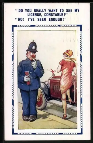 Künstler-AK Polizist sieht den Strumpf einer Frau, Do you really want to see my license, constable?