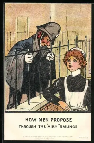 Künstler-AK Polizist schaut zu einem Dienstmädchen herab, How men propose through the airy railings