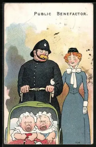 Künstler-AK Polizist schiebt den Kinderwagen einer Frau, Public Benefactor