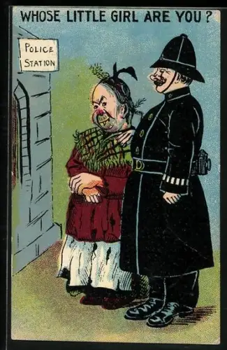 Künstler-AK Polizist mit einer Frau vor der Polizei-Station, Whose little girl are you?