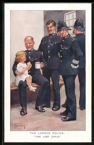 Künstler-AK Polizisten geben einem Mädchen etwas zu Essen, The London Police, The Lost Child