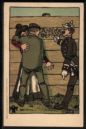 AK Polizist ermahnt Liebespaar am Zaun, Ankleben verboten!