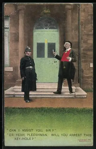 AK Betrunkener versucht eine Tür zu öffnen, Can I assist you, Sir? Er, yesh, pleeshman, will you arrest this keyhole