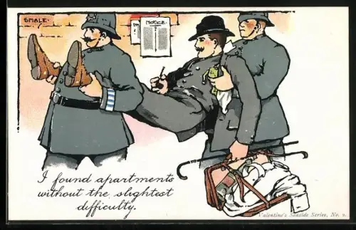 Künstler-AK Mann wird von zwei Polizisten weggetragen, I found apartments without the slightest difficulty