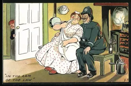 Künstler-AK Dame lehnt an einem Polizisten, In the Arm of the Law