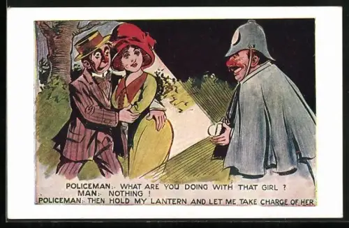 Künstler-AK Polizist überrascht ein Paar, Policeman: What are you doing with that girl