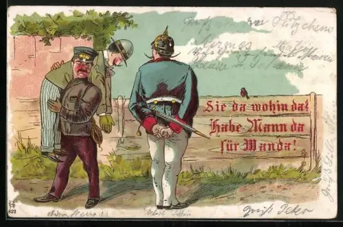 Lithographie Polizist trägt einen betrunkenen Mann auf der Schulter