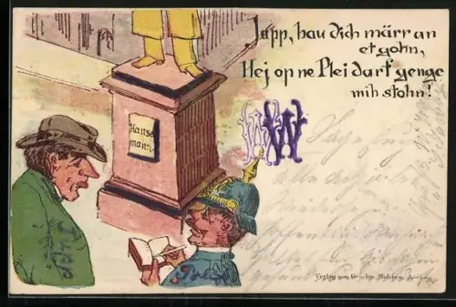 Lithographie Polizist redet mit einem Mann, Japp, hau dich märr an et gohn..
