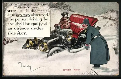 Künstler-AK sign. C. Crombie: Auto steckt im Schnee fest, Polizist kann Nummernschild nicht sehen