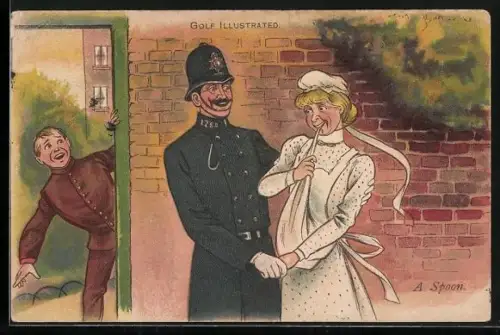 Lithographie Mann sieht wie ein Polizist mit einer Frau spricht, A Spoon