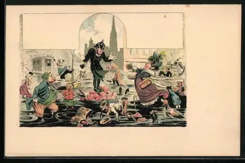 Lithographie Polizist steht auf Steinen und Menschen waten durch Dreck