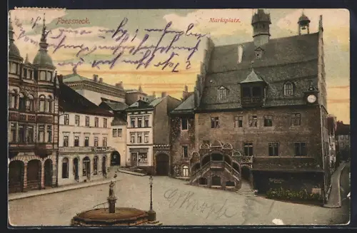 AK Poessneck, Marktplatz, Rathaus, Brunnen