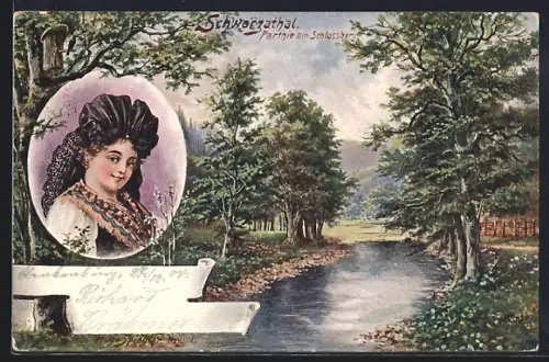 AK Schwarzathal, Partie am Schlossberg, Porträt einer Frau im Trachtenkleid