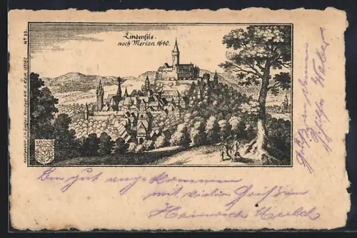 Künstler-AK Lindenfels, Stadtansicht, Schloss, nach Merian 1640