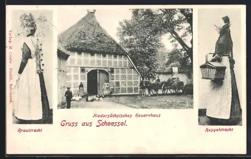 AK Scheessel, Niedersächsisches Bauernhaus, Brauttracht, Ausgehtracht