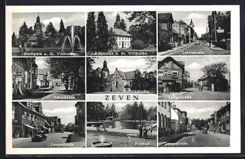 AK Zeven, Stadtpark und St. Viti-Kirche, Amtsgericht, Freibad, Lange Strasse