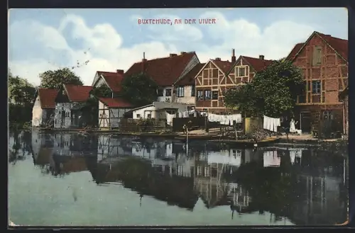 AK Buxtehude, An der Viver, Fachwerkhäuser, Flussufer