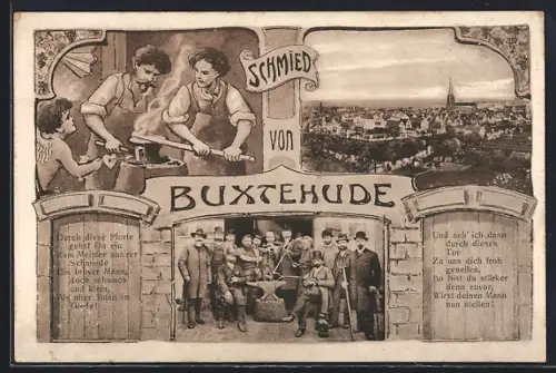 AK Buxtehude, Schmied, Stadtansicht, Schmiedeteam