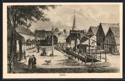 Künstler-AK Stade, Historische Stadtansicht mit Brücke und Fachwerkhäusern