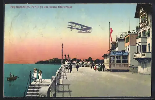 AK Friedrichshafen, Partie an der neuen Uferstrasse, Bayerischer Biergarten, Flugzeug