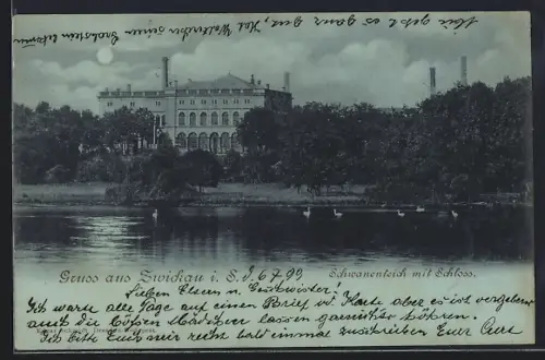 Mondschein-AK Zwickau i. S., Schwanenteich, Schloss